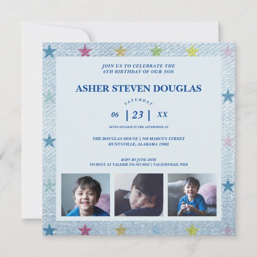 Unisex Denim Sterren Drie Foto'S Kinderen Verjaard Kaart (Voorkant)