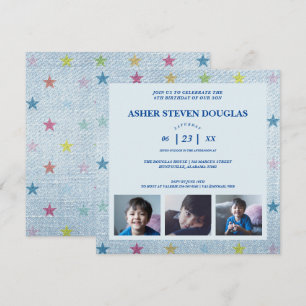Unisex Denim Sterren Drie Foto'S Kinderen Verjaard Kaart