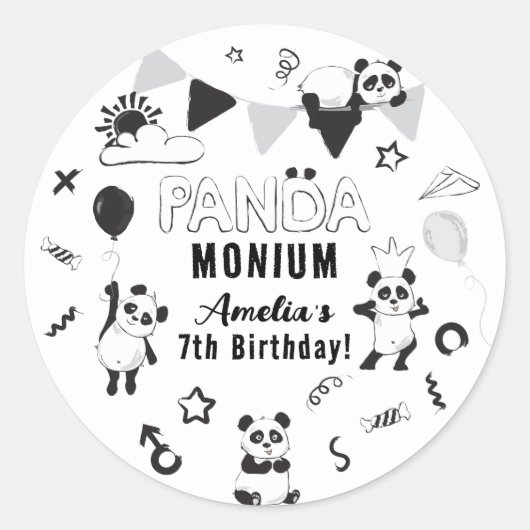 Unisex Fun Panda-Monium Kids Verjaardagsfeestje Ronde Sticker (Voorkant)