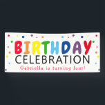 Unisex Fun Rainbow Kids Birthday Celebration Spandoek<br><div class="desc">Voeg een spetter van kleur toe aan uw verjaardagsfeest decor met deze moderne verjaardagsfeestbanner. Geschikt voor elke leeftijd,  zowel jongens als meisjes. Met een regenboogkleurige polka stipdecoratie,  leuke regenboogtypografie,  naam en leeftijd!</div>