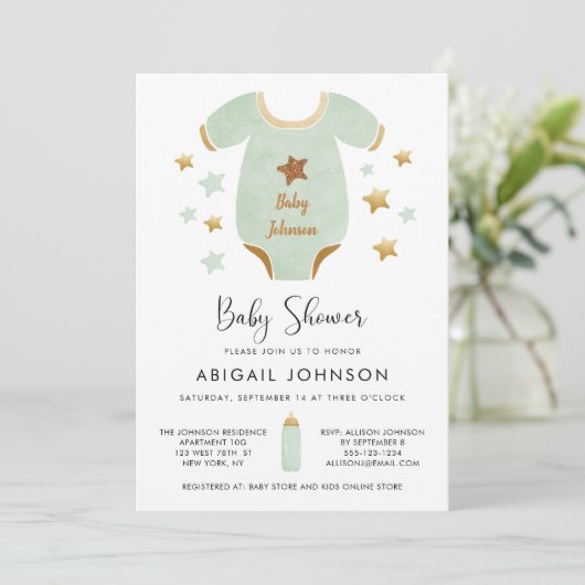 Unisex Green Gold Waterverf Retro Baby shower Kaart (Staand voorkant)