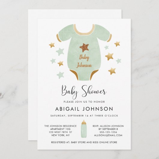 Unisex Green Gold Waterverf Retro Baby shower Kaart (Voorkant / Achterkant)