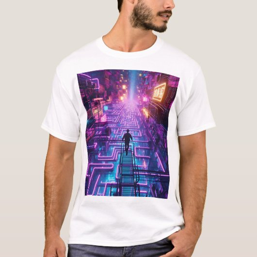 Unisex Neon Paarse stadsdoolhof - Dystopische stad T-shirt (Voorkant)