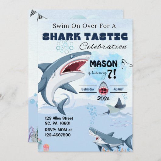 UNISEX SHARK TASTIC VERJAARDAG FEEST Uitnodiging (Voorkant / Achterkant)