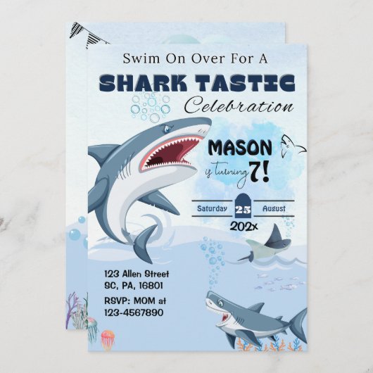 UNISEX SHARK TASTIC VERJAARDAG FEEST Uitnodiging (Voorkant / Achterkant)