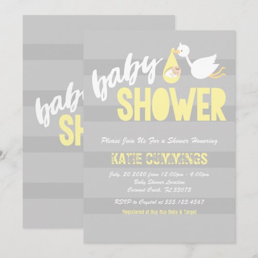 Unisex, Stork Baby shower Invitation Kaart (Voorkant / Achterkant)