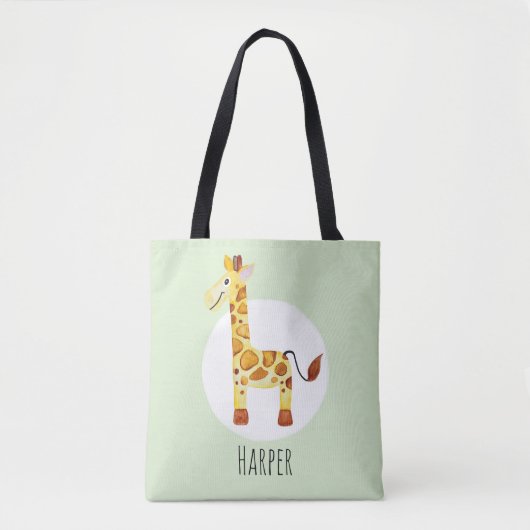 Unisex Waterverf Baby Giraffe Safari met naam Tote Bag (Voorkant)