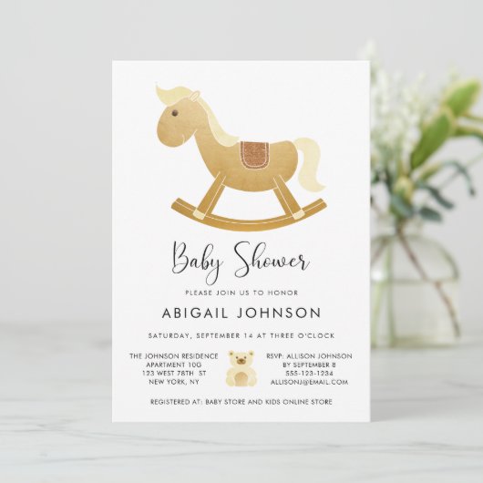 Unisex Yellow Gold Retro Rocking Horse Baby shower Kaart (Staand voorkant)