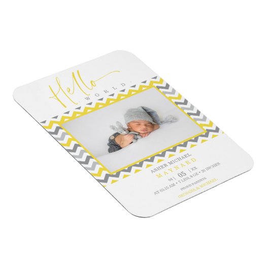 Unisex Yellow Grey Zigzag Hallo World Newborn Magneet (Rechterzijde)