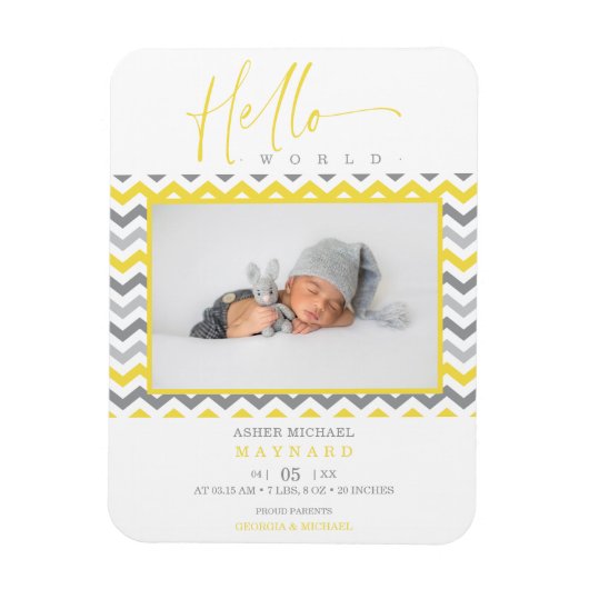 Unisex Yellow Grey Zigzag Hallo World Newborn Magneet (Verticaal)