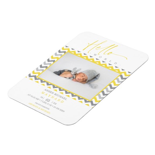 Unisex Yellow Grey Zigzag Hallo World Newborn Magneet (Linkerzijde)