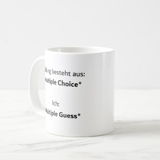 Unispruch "multiple guess" Geschenk,  Studenten Koffiemok (Voorkant links)