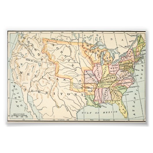 United States 1830 Historical Map Illustration Foto Afdruk (Voorkant)