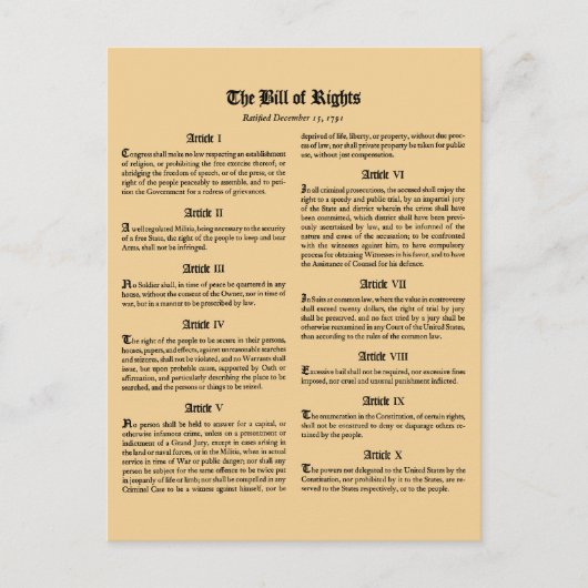 United States Bill of Rights Briefkaart (Voorkant)