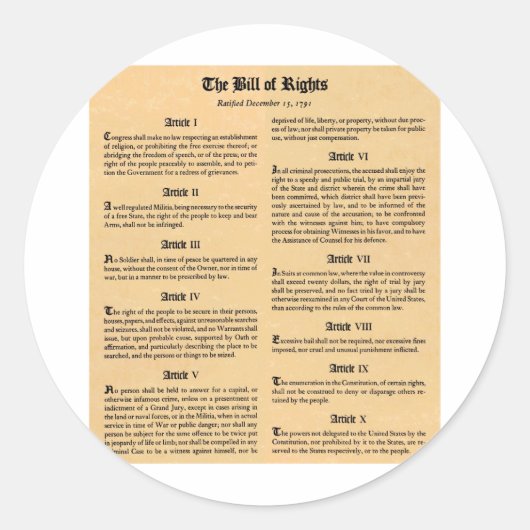 United States Bill of Rights Ronde Sticker (Voorkant)