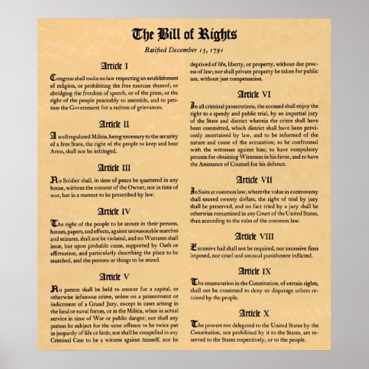 United States Bill Rights First Ten Amendementen Poster (Voorkant)