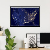 United States City-lampjes op Night Satellite Map Poster (Thuiskantoor)