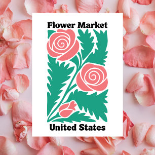 United States Flower Market Roze Roos & Blad Briefkaart