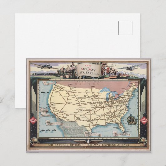 United States Map Ship the Skyway via Air Express Briefkaart (Voorkant / Achterkant)