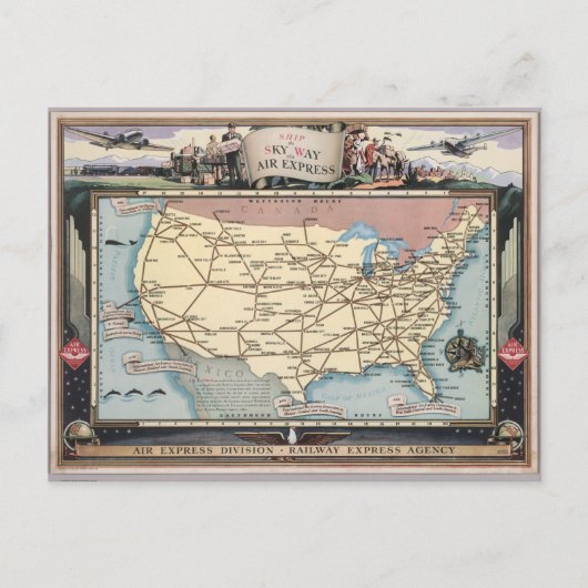 United States Map Ship the Skyway via Air Express Briefkaart (Voorkant)
