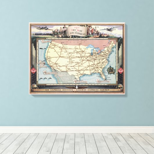 United States Map Ship the Skyway via Air Express Canvas Afdruk (Insitu (Houten vloer))