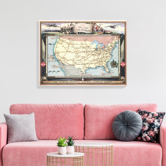 United States Map Ship the Skyway via Air Express Canvas Afdruk (Insitu (Woonkamer))