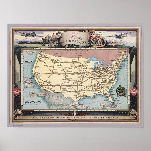 United States Map Ship the Skyway via Air Express Poster (Voorkant)