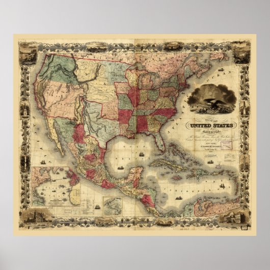 United States of America Map van G. Colton (1850) Poster (Voorkant)