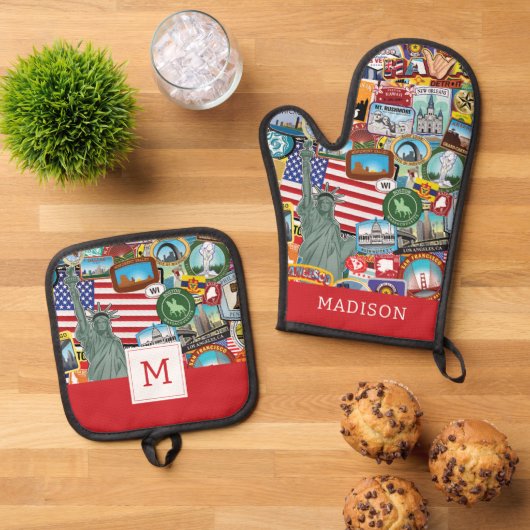 United States Travel Sticker Pattern Ovenwant & Pannenlap Set (Top down)