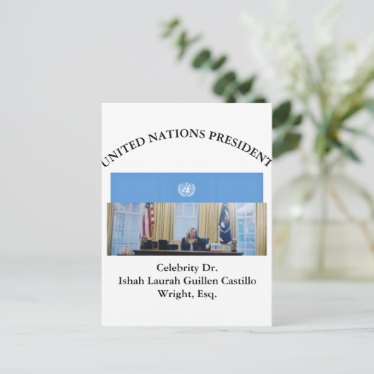#UNITEDNATIONSPRESIDENT DR. #LAURAHCASTILLOS ESQ. BRIEFKAART (Staand voorkant)