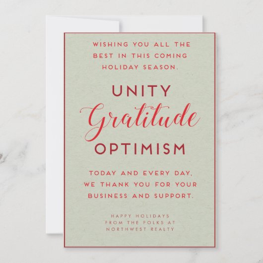 Unity, Gratitude & Optimism Business Holiday Kaart (Voorkant)