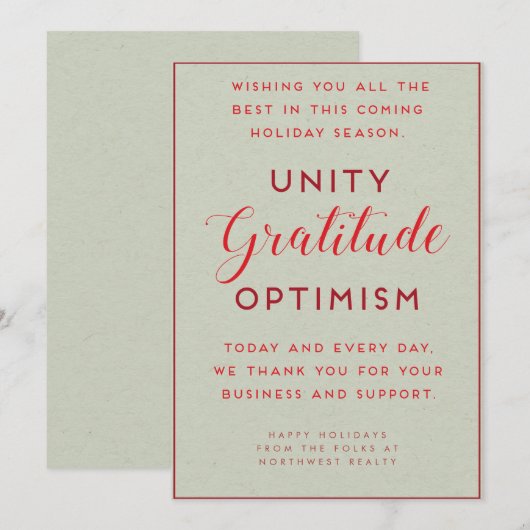 Unity, Gratitude & Optimism Business Holiday Kaart (Voorkant / Achterkant)