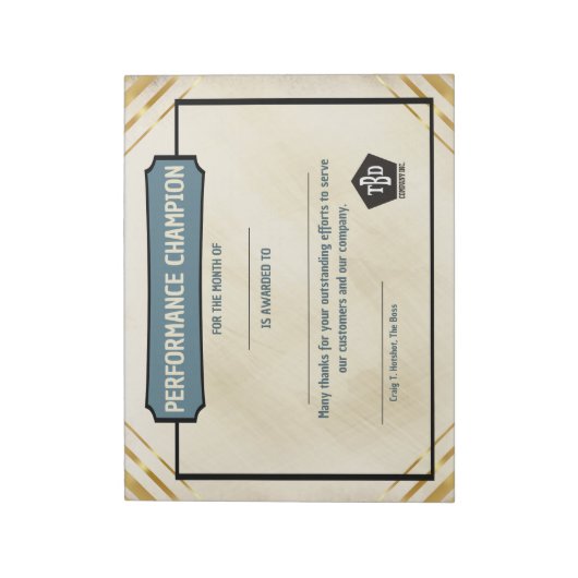 Universal employoee performance award certificates notitieblok (Linkerzijde)