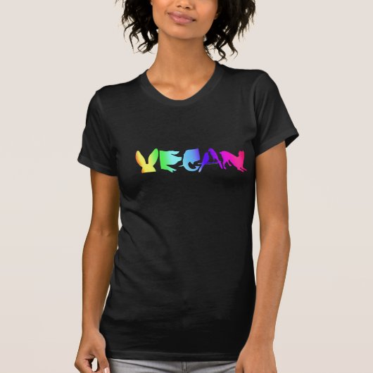 UNIVERSAL VEGAN SYMBOL RAINBOW OP VROUWENZWART LAN T-SHIRT (Voorkant)