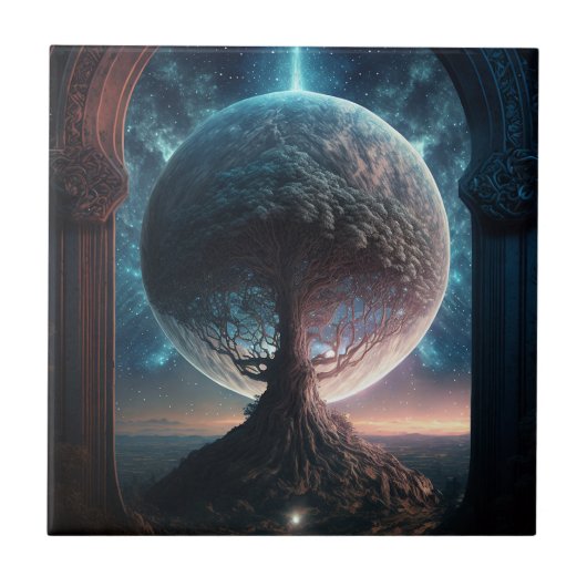 Universe Cosmic Tree Surreal Fantasy Art Tegeltje (Voorkant)