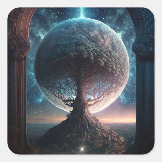 Universe Cosmic Tree Surreal Fantasy Art Vierkante Sticker (Voorkant)