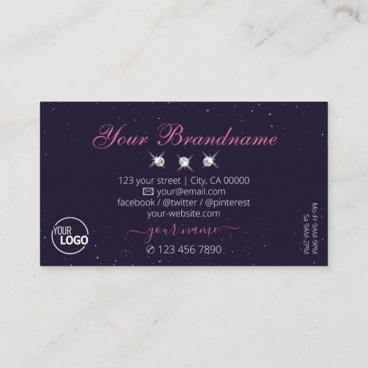 Universe roze, donkerblauwe, mousserende juwelen m visitekaartje (Achterkant)