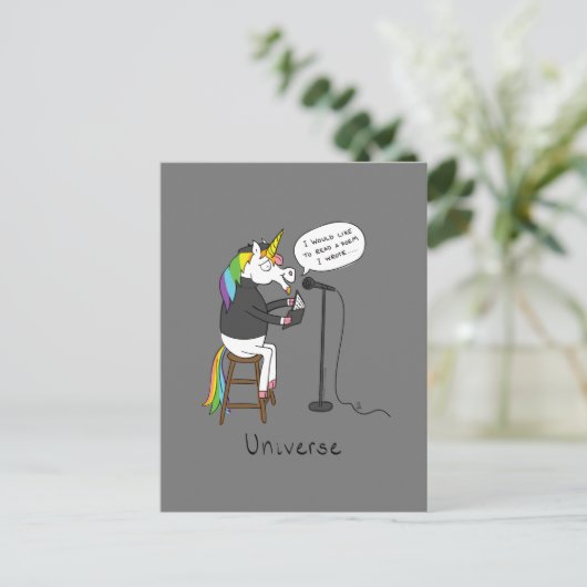 Universe Unicorn Reading Poetry Funny Briefkaart (Staand voorkant)