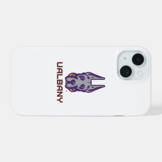 Universiteit van Albany Great Danes iPhone 15 Case (Achterkant horizontaal)