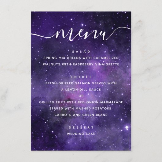 Universum sterren. Paarse Space Night Script bruil Menu (Voorkant)