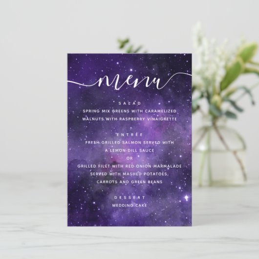 Universum sterren. Paarse Space Night Script bruil Menu (Staand voorkant)