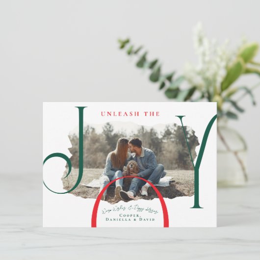 Unleash the Joy | Pet Photo Christmas Card Feestdagenkaart (Staand voorkant)