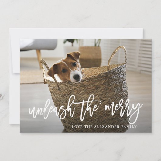 Unleash the Merry Script Cute Dog Photo Feestdagenkaart (Voorkant)