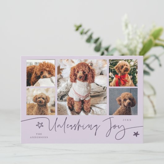 Unleashing Joy Purple Dog Multi Photo  Feestdagenkaart (Staand voorkant)
