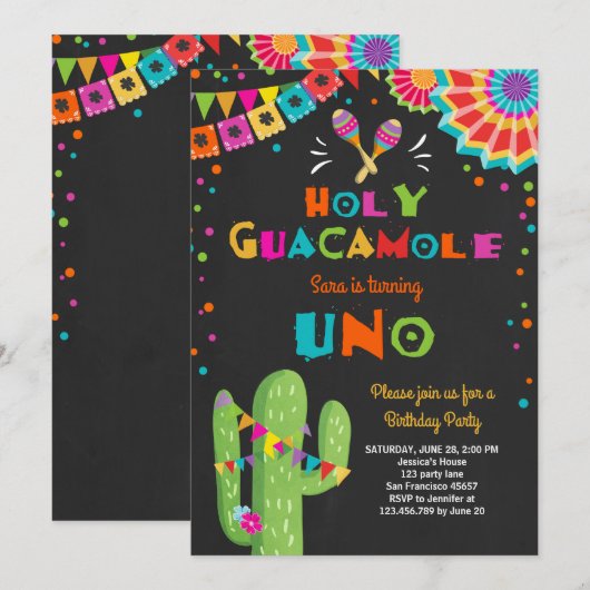 Uno Fiesta Eerste Verjaardag Uitnodiging Cactus Pa (Voorkant / Achterkant)