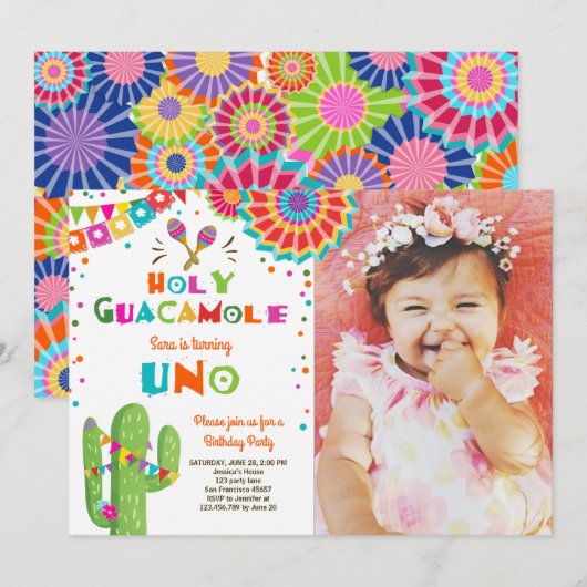 Uno Fiesta First Birthday, Cactus Party Kaart (Voorkant / Achterkant)