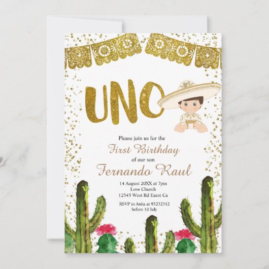 Uno Verjaardag Gouden Charro Boy Uitnodiging (Voorkant)