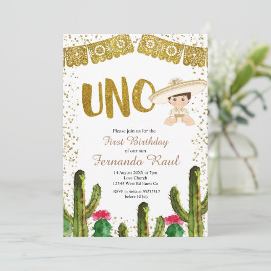 Uno Verjaardag Gouden Charro Boy Uitnodiging (Staand voorkant)