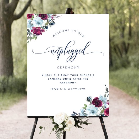 Unplugged Ceremony Berry Blue Burgundy Floral Sign Poster