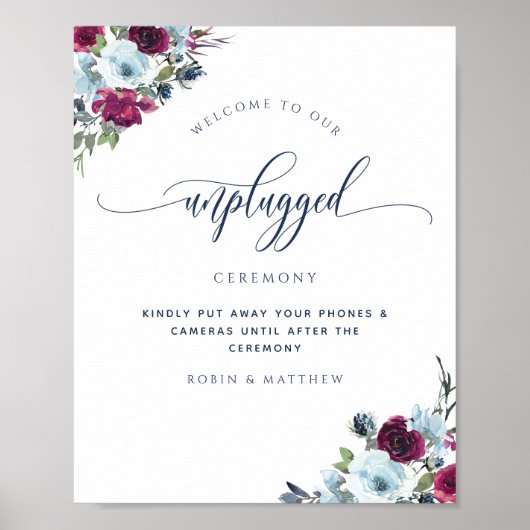 Unplugged Ceremony Berry Blue Burgundy Floral Sign Poster (Voorkant)